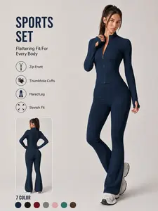 Women's 2 Piece Set Sports Set Zip Up Jacket Long Sleeve Thumb Holes Design Comfortable Breathable Solid Color High Waist Butt Lifting Flare Pants Body Shaping Yoga Outfit Gym Training Outdoor Running Daily Casual Versatile Activewear Set