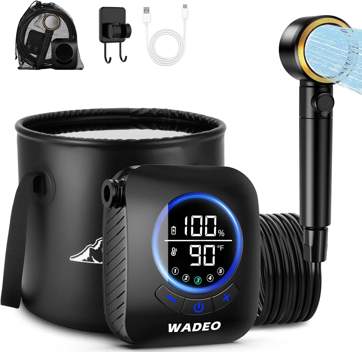 2026 Upgraded Portable Camping Shower, 8000mAh Rechargeable Shower Pump with 5 Gal Foldable Bucket, 5 Pressure Modes IPX8 Waterproof, for Outdoor Hiking Travel Car Pet Beach