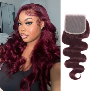 ANMETAN 99j Burgundy Body Wave HD Lace Closure Human Hair, 12A Dark Burgundy Wine Red Color Wavy Free Part Melt Lace Closure, 100% Unprocessed Virgin Remy Hair Pre Plucked With Baby Hair Closure