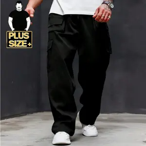 [Plus Size] Men's Baggy Cargo Pants – Loose Fit Wide Leg Trousers with Multiple Pockets, Drawstring Waist, Casual Streetwear for Big & Tall Men, Black (2XL-6XL)