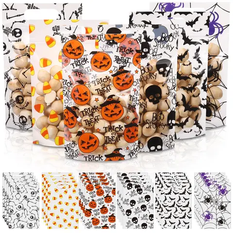 60 Pcs Halloween Gift Bags Plastic Goodie Bags with Boo Ghost Pumpkin Pattern Treat Bulk Bags for Teacher Students Office Employee Coworker,Christmas Birthday Wedding School Classroom Party Favor Supplies