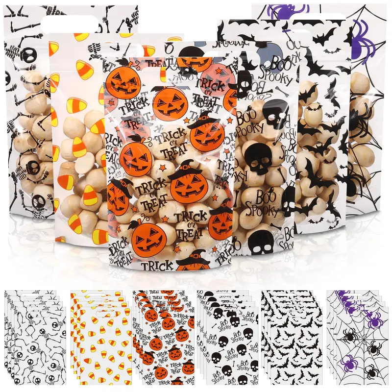 60 Pcs Halloween Gift Bags Plastic Goodie Bags with Boo Ghost Pumpkin Pattern Treat Bulk Bags for Teacher Students Office Employee Coworker,Christmas Birthday Wedding School Classroom Party Favor Supplies