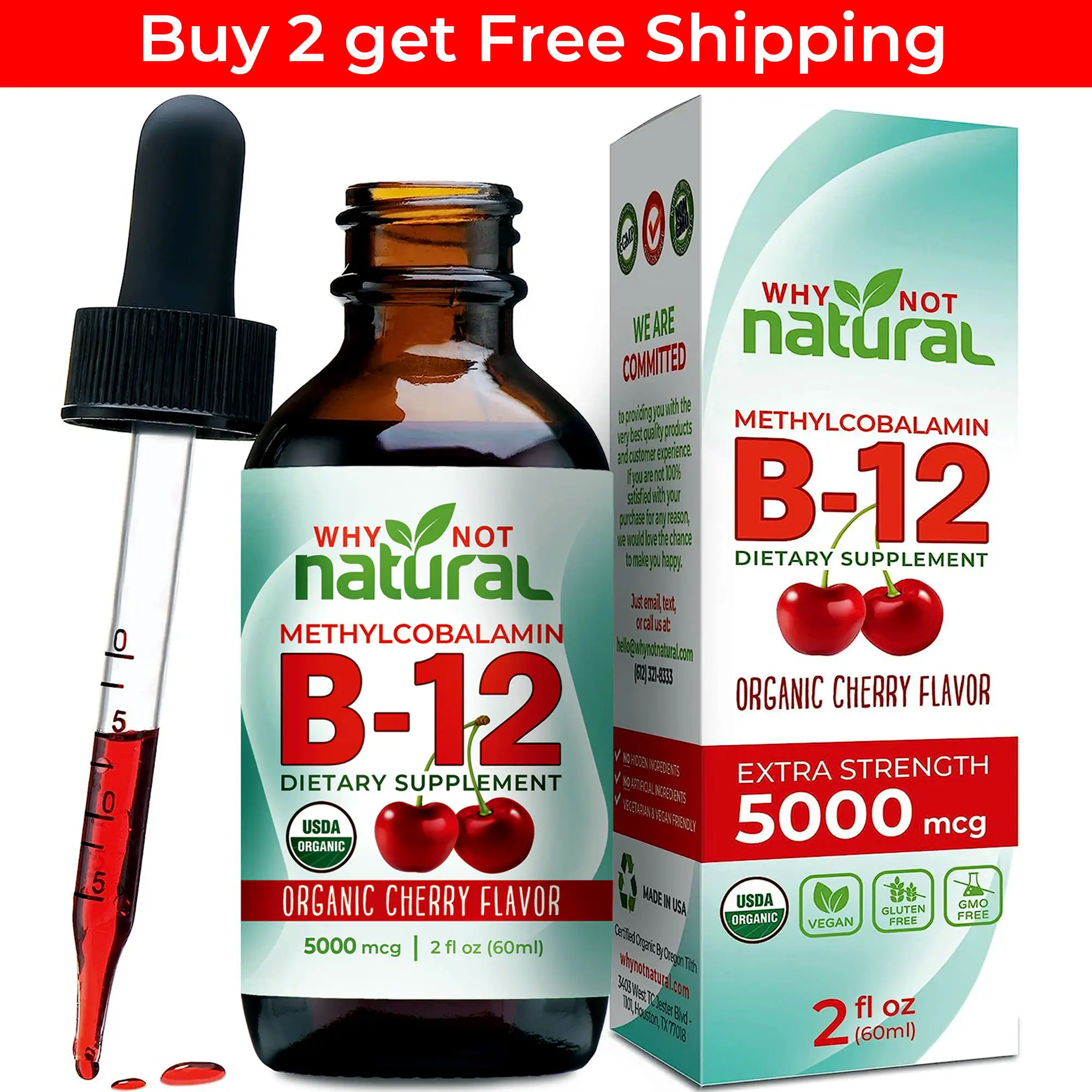 Organic Vitamin B12 Liquid Drops, Extra Strength 5000 mcg Natural Booster Dietar...