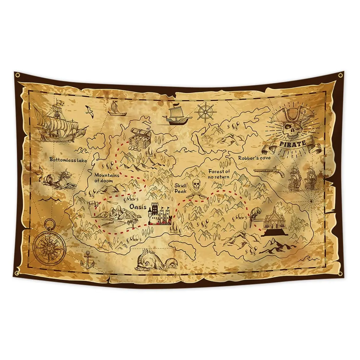 1pc Pirate Map Banderole Flag • 2*3ft (60*90cm) / 3x5ft (90*150cm) • 2 Grommets • Vivid Color • Suitable for Home, Garden, Room, Party, Activities, Decorations Wall Gift Hanging Tapestry