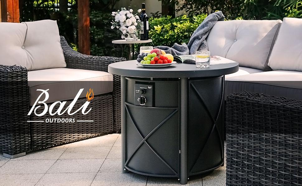 BALI OUTDOORS 28''-42'' Gas Fire Pit Table – 50,000 BTU Propane Fire Column with Blue Glass Stones for Patio & Garden