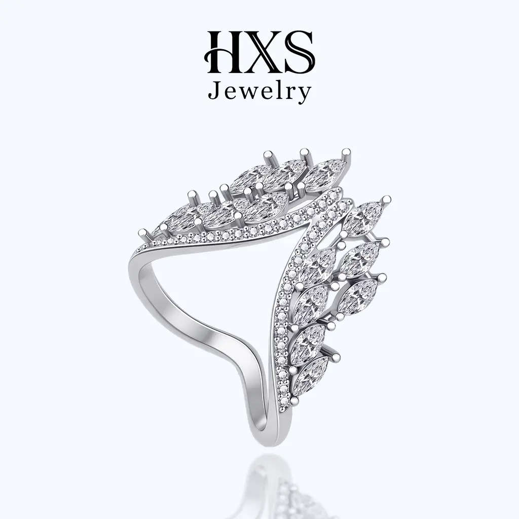 S925 Sterling Silver Angel Wings Statement Ring for Women, Elegant Marquise Cut Crystal Chevron V-Shaped Fashion Jewelry, Marquise Cut Ring, Fashion Ring