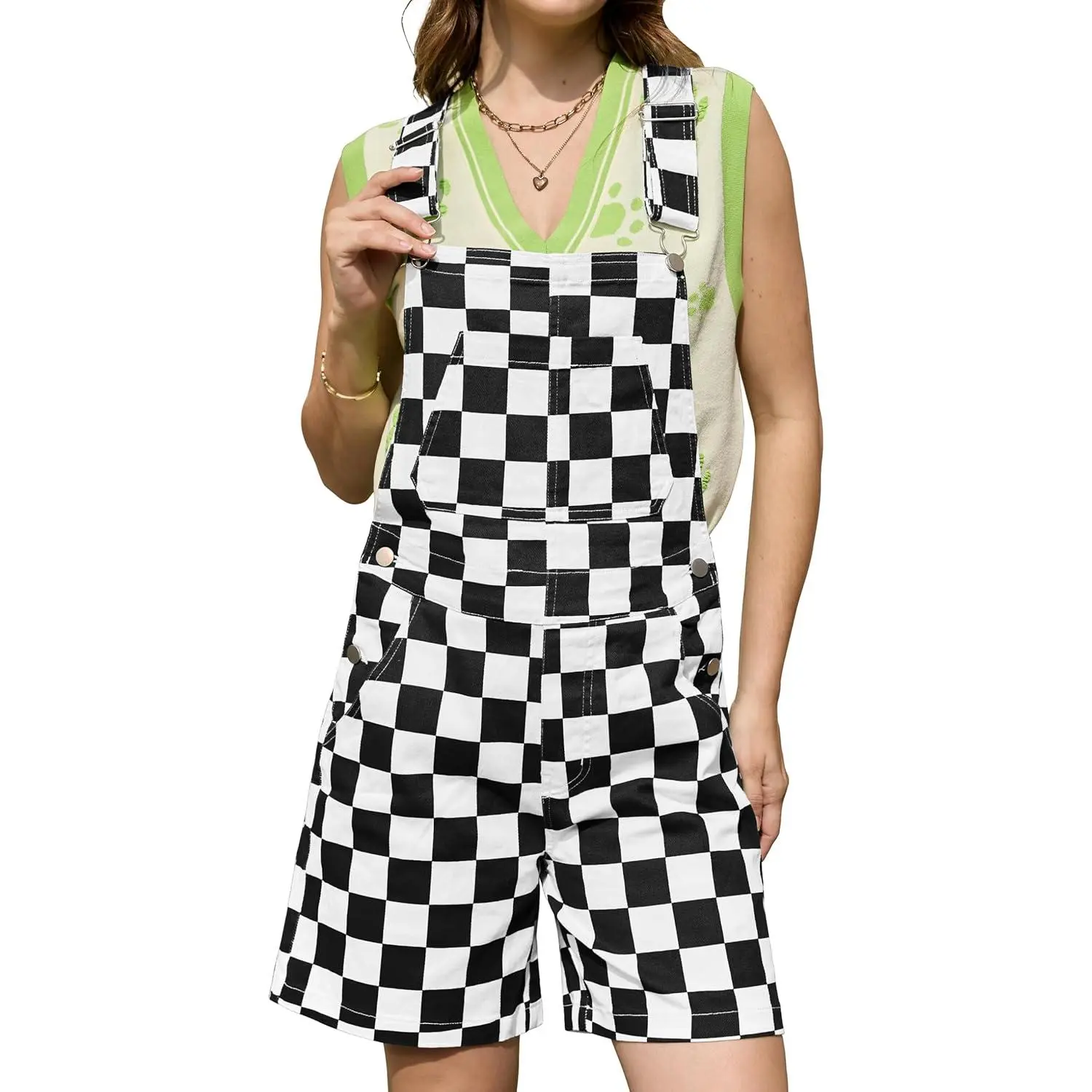 Odefou Shorts Overalls for Women Fashion Jumpsuits Checkered Romper Stretchy Plaid Bib Coveralls