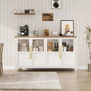 YJ-Garvee Large Buffet Sideboard Cabinet with Storage, Featuring 4 Glass Doors, Modern Farmhouse Style,Suitable for Kitchen, Dining, and Living Rooms