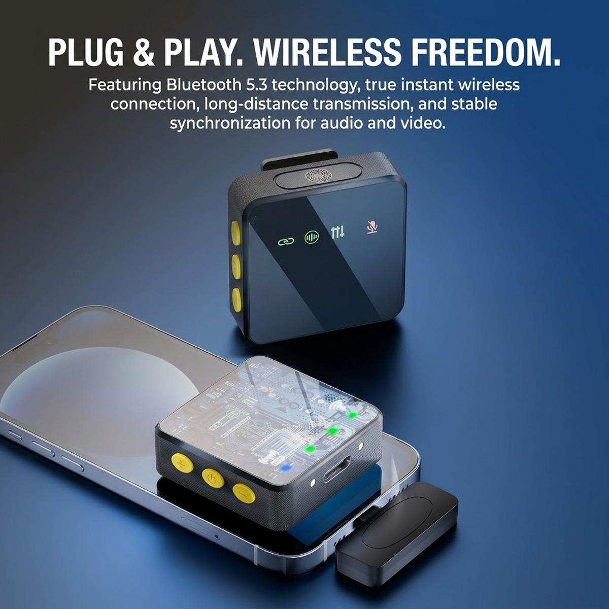 Wireless microphone, USB rechargeable wireless microphone, comes with a Lightning adapter, clip-on design, suitable for HD video blogging/live streaming, audio and microphone.