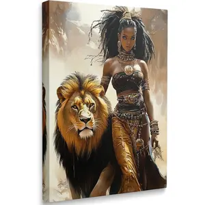 Modern African American Woman Lion of Judah Black Girl Wall Art Canvas Framed Contemporary Portrait Gold Animal Pictures Wall Decor Prints Poster Artwork for Living Room Bedroom Bathroom (16"x24")