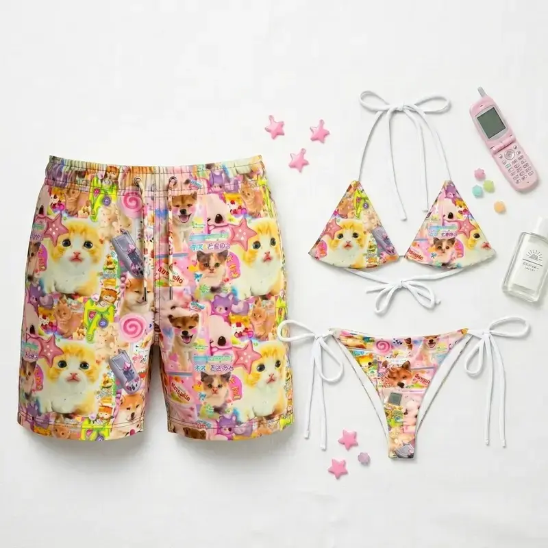 Y2K Inspired Kawaii Cat Harajuku Decora Cutecore Matching Couple Bikini & Swim Trunks – Cyber Rave Anime Aesthetic Swimsuit, Emo Alt Beachwear Vacation Outfit