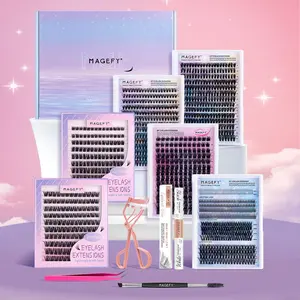Professional Eyelash Combination Set Kit with Gift Box, Cluster Eyelashes & Eyelash Tweezers & Glue & Eyelash Brush & Curler, Makeup Eyelashes Extension