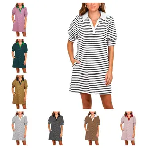 Imily Bela  Women's Summer Lapel Collared V Neck Striped Dress Casual Puff Short Sleeve Polo Tshirt Dresses with Pockets