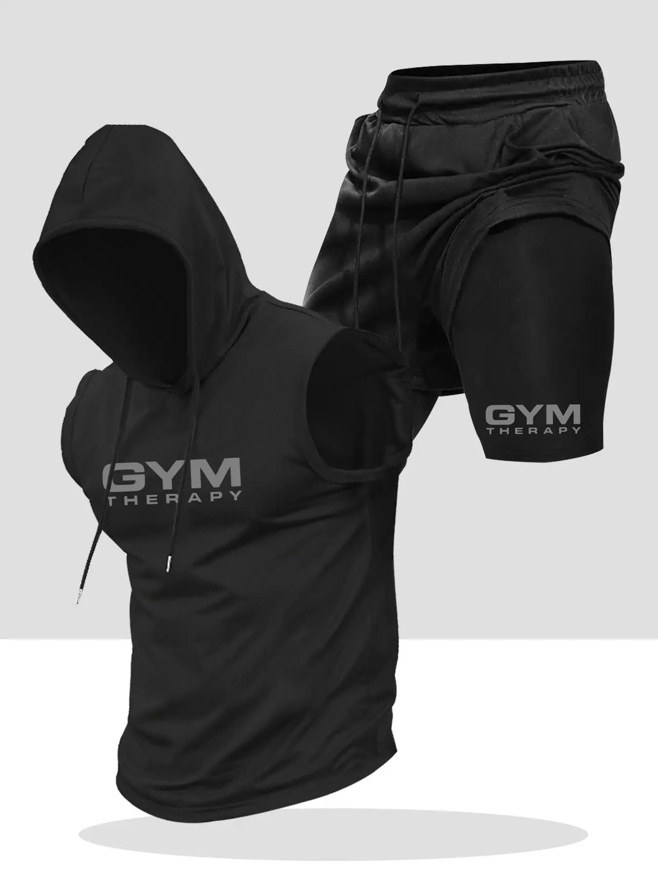 Summer Men's Set Letter Gym Print Hooded Sleeveless Vest + Casual Waist Drawstring Shorts, Outdoor Sports Set, Breathable Sportswear, Comfortable Breathable Fabric, 2 Pieces, Outdoor Sports Clothing