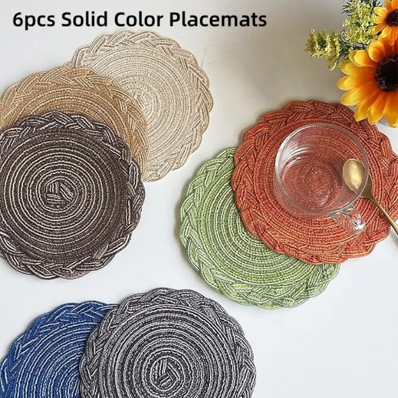 6 Piece Set Heat-Resistant Woven Table Placemats, Natural Fiber Insulating Mats, Boho Vintage Decor for Home Kitchen Party