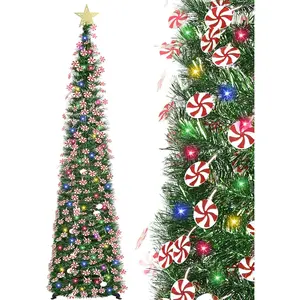 6 FT Pop Up Christmas Tree with 100 LED Timer Lights & Remote, Green Collapsible Christmas Tinsel Tree Artificial Pencil Tree Xmas Decoration for Holiday Home Office Party, USB Powered