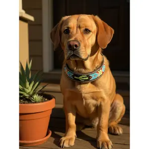 Epic Padded Leather Dog Collar with Cactus Beaded Design B