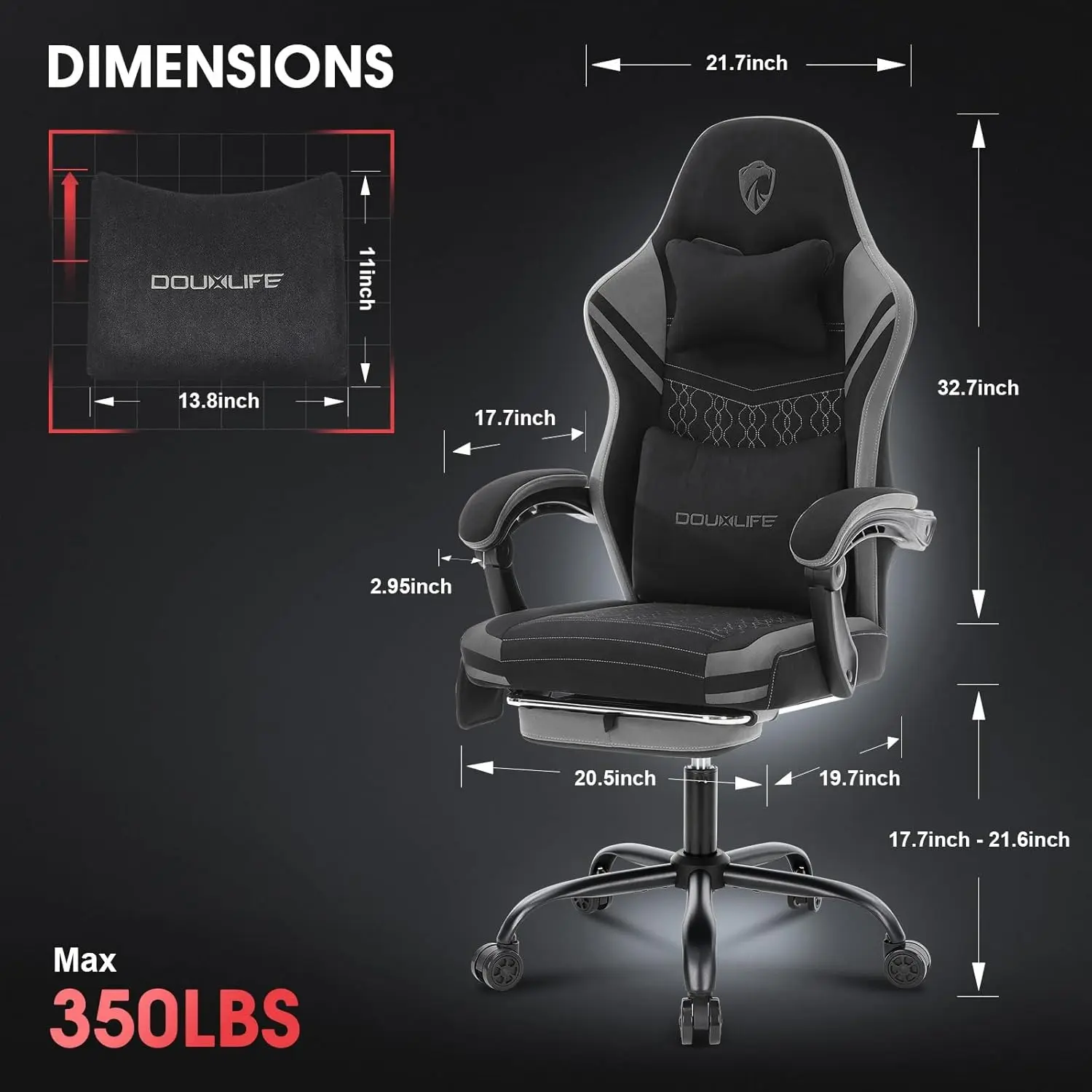 Gaming Chair, Fabric Computer Chair with Massage, Office Chair with Pocket Spring Widened Cushion, High Back Ergonomic Chair with Footrest Lumbar Support Upgraded Metal Legs 350LBS (Grey)