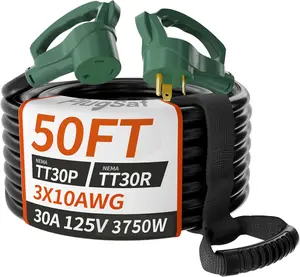 50 FT 30 Amp RV Extension Cord Outdoor with Grip Handle, Flexible Heavy Duty 10/3 Gauge STW RV Power Cord  with  Organizer, NEMA TT-30P to TT-30R, Black-Green, ETL Listed
