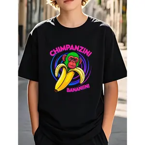 Boys Fun Cartoon T-Shirt | Black Background with Colorful Patterns, Green-Furred Monkey and Peeled Banana, Pink Font 'CHIMPANZINI' and 'BANANIINI', Cute and Unique, Suitable for Babies, Regular Fit, Casual Style