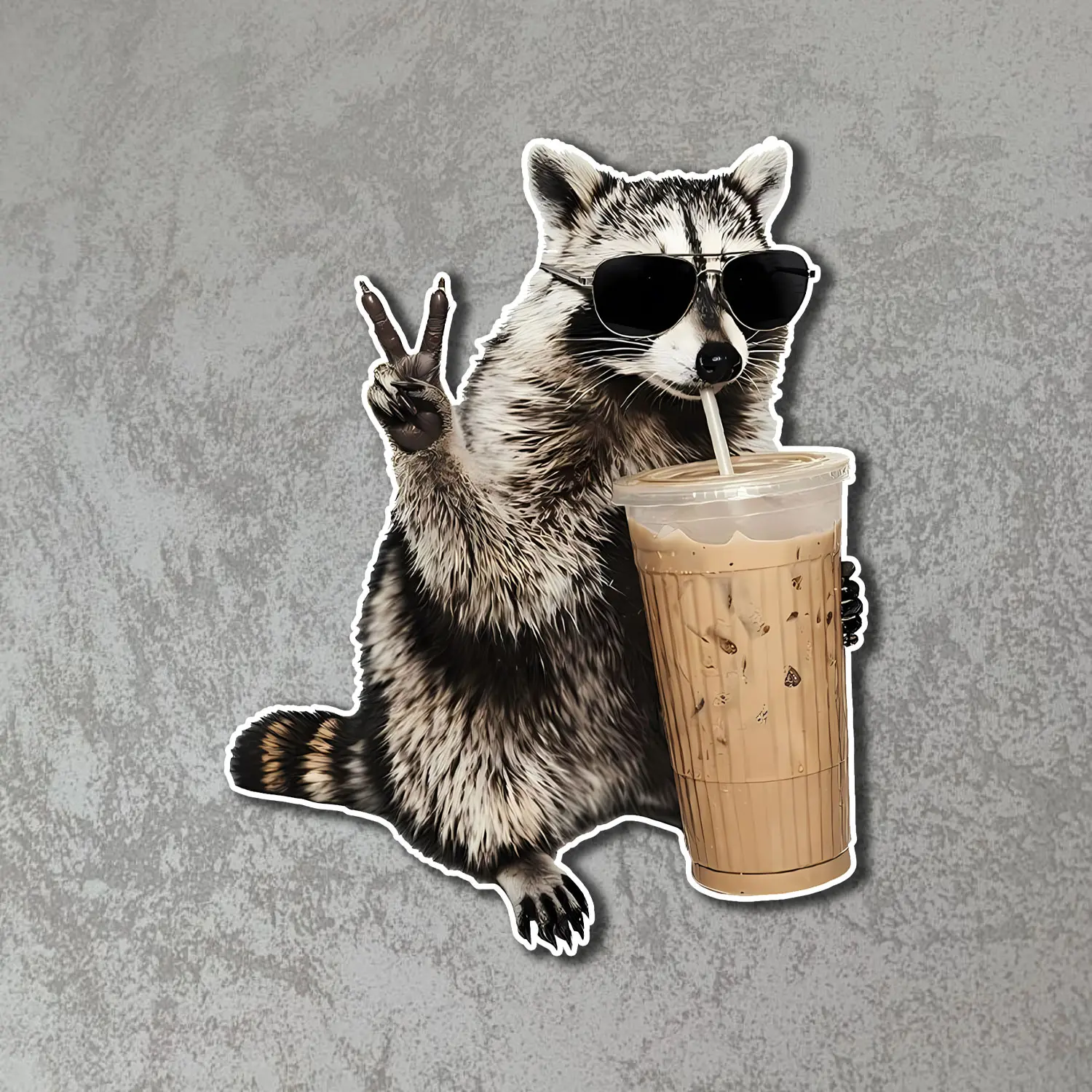 Cool Raccoon Iced Coffee Sticker, Funny Animal Vinyl Decal, Waterproof Car Laptop Water Bottle Accessory, Cute Gift