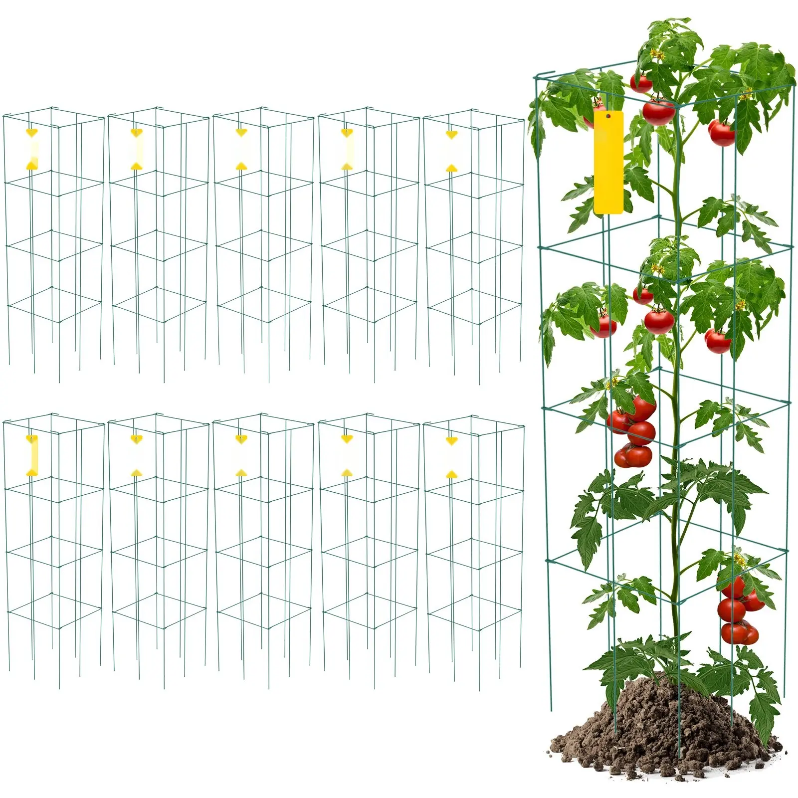 Tomato Cages 11.8 x 11.8 x 46.1 Inches, 10-Pack Square Plant Support Cages, Green PVC-Coated Steel Tomato Towers For Climbing Vegetables, Plants, Flowers, and Fruits Durable Weather-Resistant Construction For Sturdy Support