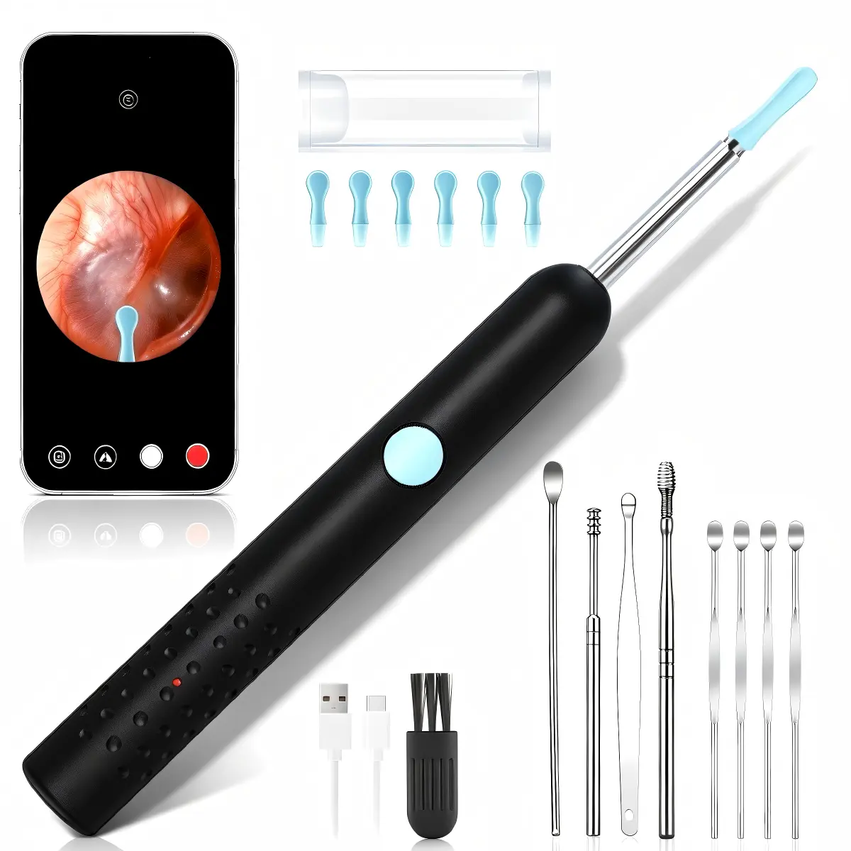 Professional Wireless Bluetooth WiFi Visual Ear Wax Remover with Camera, Wide-Angle Visual Ear Spoon, 6 Silicone Replacement Heads Earwax Removal Tool