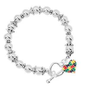 Colored Puzzle Piece Heart 925 Silver Beaded Bracelet for Autism Awareness