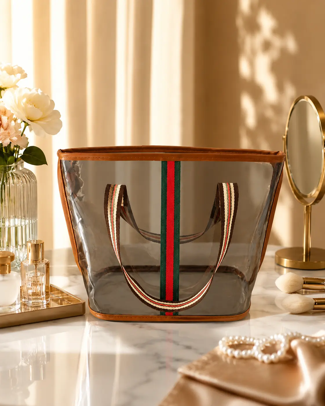 MeToMe Transparent Large-Capacity Cosmetic Pouch - Vintage Luxury Style, Sturdy Tote Handles, Sandproof Water-Resistant Vanity Bag, Multi-Functional Home Organizer for Gym, Bath Toiletry Storage Bag Lightweight