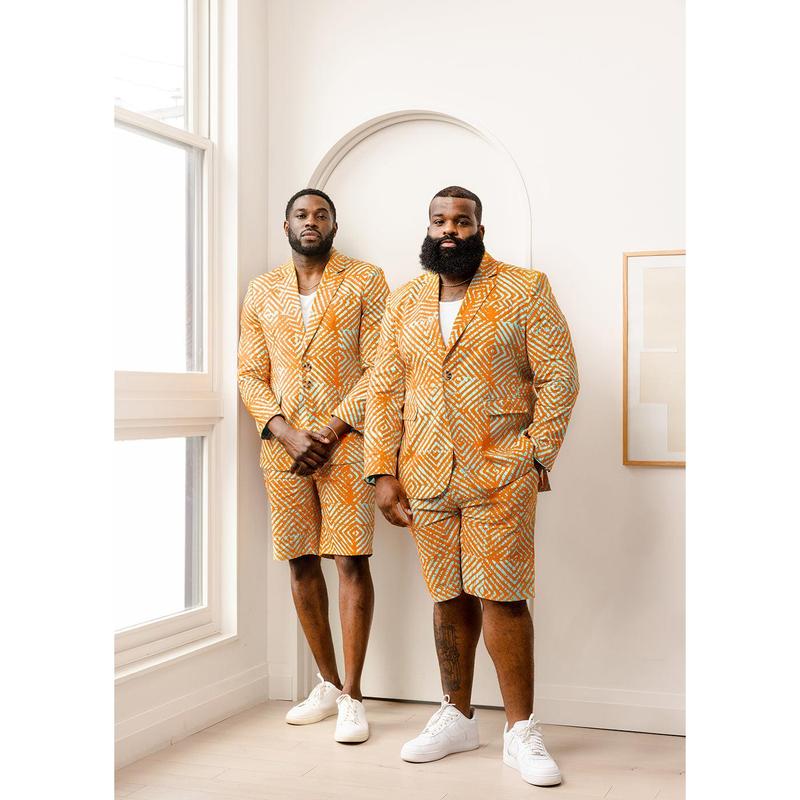 Hami Men's African Print Lightweight Blazer (Orange Blue Adire)