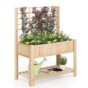 COSTWAY - Raised Garden Bed with Trellis Wooden Elevated Planter Box with Legs-Natural