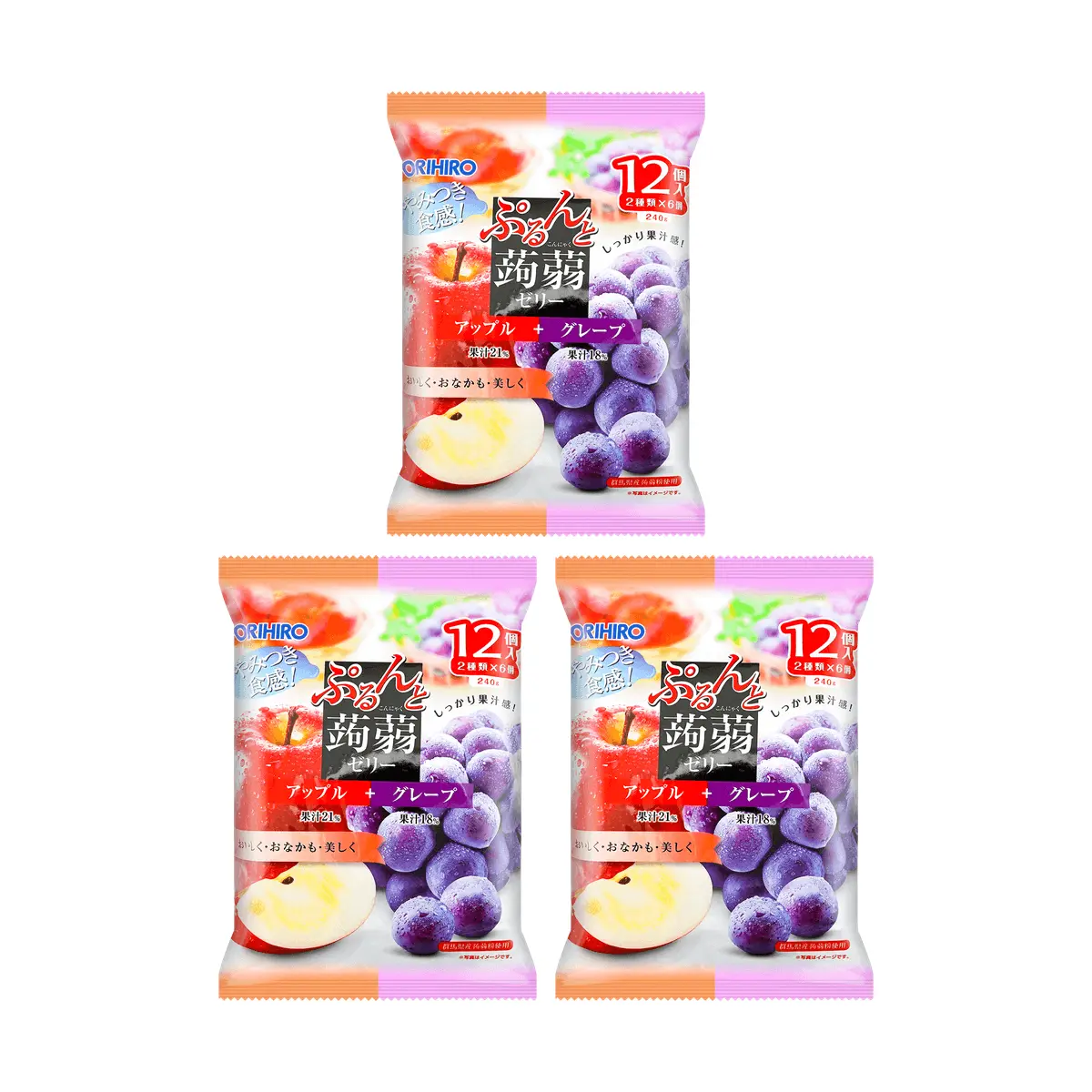ORIHIRO Konjac Jelly Drink Apple Grape Flavor - Low Calorie, High Fiber, 12 Pouches (240g) - 3 Pack Value Bundle