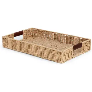 Handwoven, Multipurpose Rectangle Rattan Tray, 20" x 12" – Durable Wicker Tray with Leather Handles for Home Decor Display or Fruit and Vegetable Storage Tray
