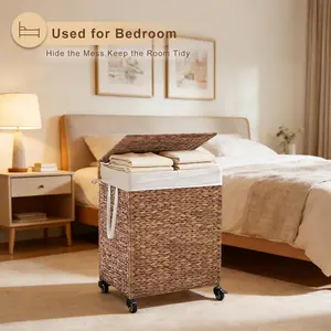 Handwoven Laundry Hamper with Wheels, Natural Water Hyacinth Rolling Laundry Basket with Lid and Removable Liner