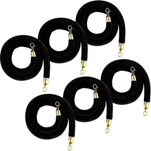 6 Pack Velvet Stanchion Ropes with Polished Gold Hooks - 5 Ft Crowd Control Barrier Safety Rope for Red Carpet, Party, Wedding, VIP Events, and Hotels