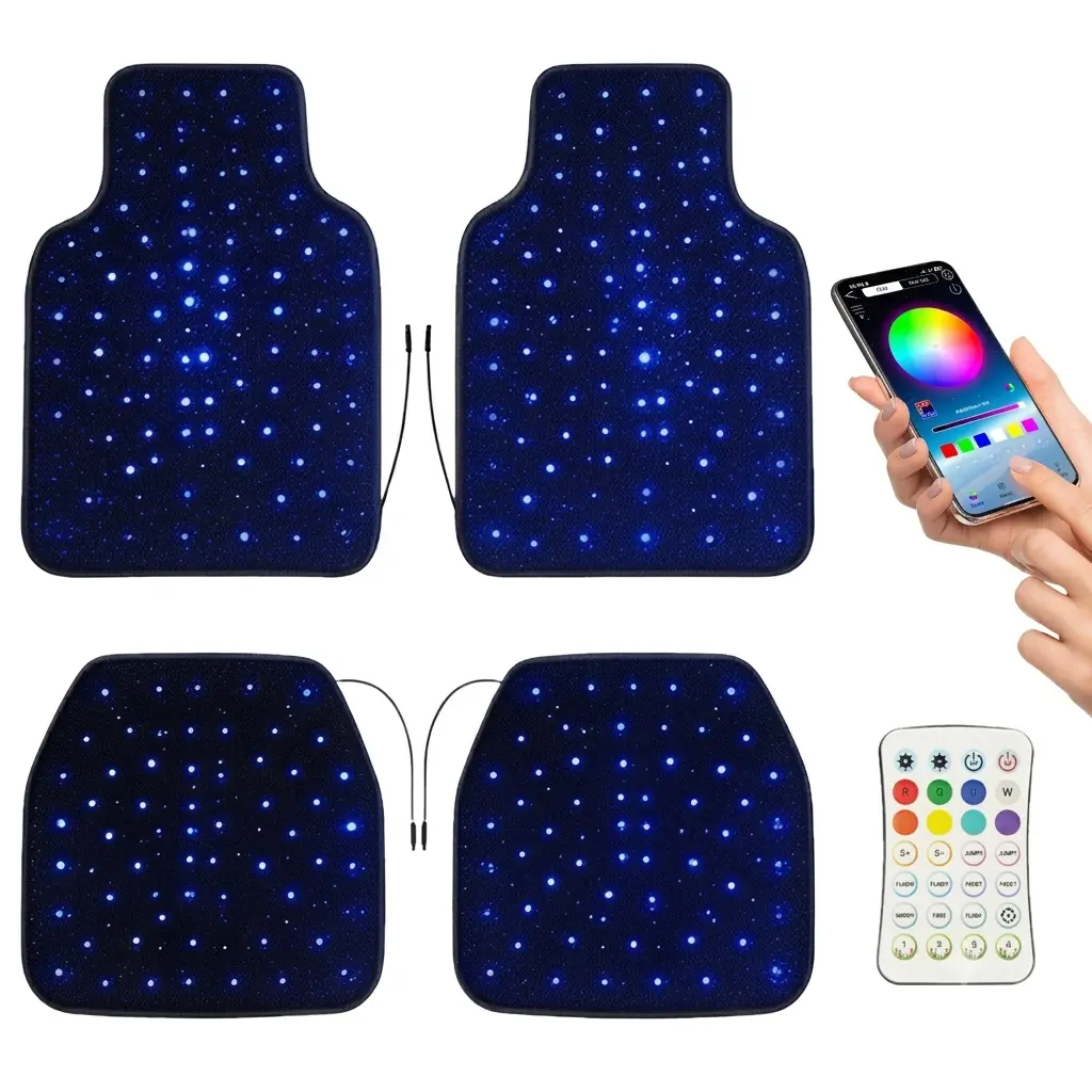Starlight LED Fiber Optic Car Floor Mats, 4PC Universal Set with Music Sync APP-Remote Control, RGB Glow-Edge Tech, 16M Color Options, Waterproof Washable Automotive Interior Decoration Atmosphere Light