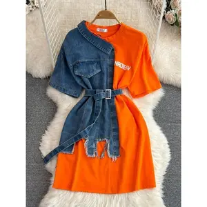 2025 New Retro Hong Kong Style Elegant Round-Neck Color-Block Denim Shirt with Cinched Waist and Belt, Spring New Chic Casual Mid-Length