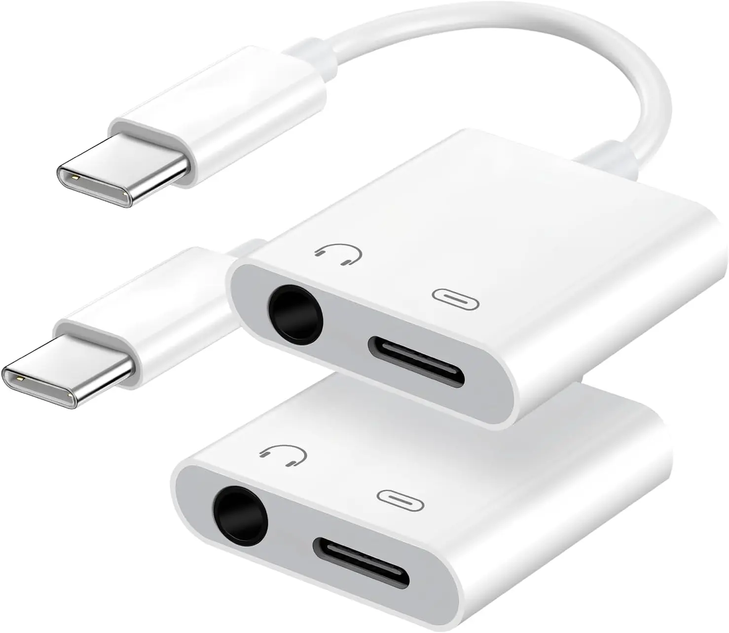 USB C to 3.5mm Headphone and Charger Adapter, 2-Pack Type C to Aux Jack Dongle Cable Cord with PD Fast Charging for iPhone 15/16/17 Pro/Max/Plus, iPad, Samsung Galaxy S22/S23/S24 Ultra (White)