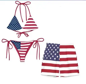 [Today Deal] USA Flag Matching Couple Swimsuit Set, Sexy Triangle Tie Bikini & Men’s Drawstring Swim Shorts, Summer Beach Vacation Outfit for Him and Her, USA 250th Anniversary Bikini Set for Women