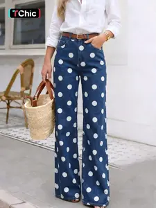 Women's Polka Dot Wide Leg Jeans, Casual Loose-Fitting Denim Jeans, All Seasons Fashionable Bottoms, Comfortable & Stylish