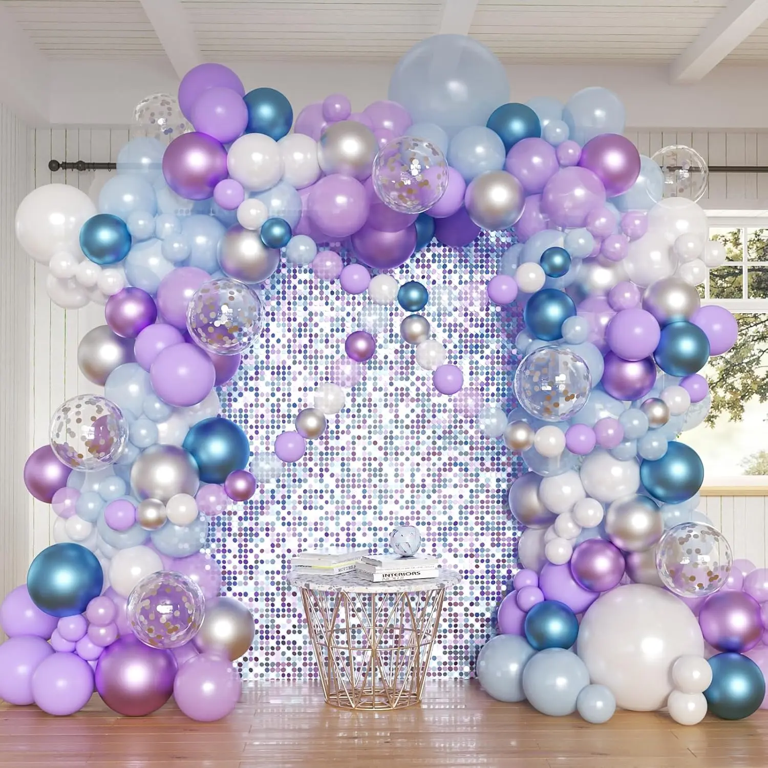 162pcs Frozen Balloon Arch Kit – Blue & Purple Balloons with Pearlescent Confetti for Princess Birthday & Baby Shower