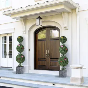 【GARVEE】Set of 2 4ft Artificial Boxwood Triple Ball Topiary Trees – Realistic Faux Greenery with Whimsical Vine & Insect Accents – Maintenance-Free Indoor/Outdoor Decorative Plants – 3 Balls