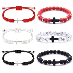 2Pcs/set Cross natural stone woven rope bracelet set Christian Lucky chain adjustable size gifts