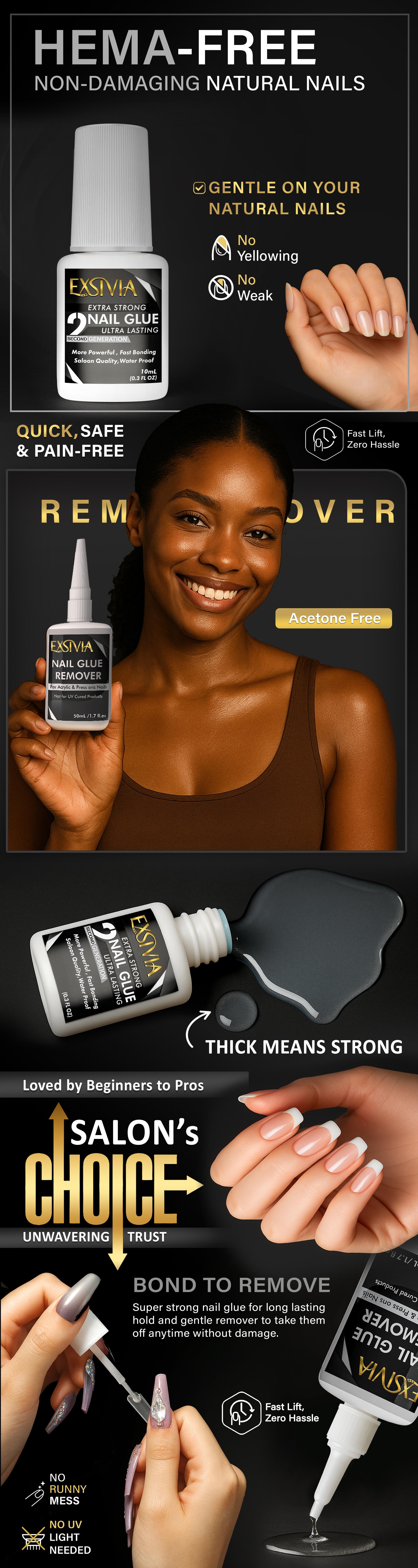 Exsivia Nail Glue & Remover Set - 10mL Extra Strong Glue & 50mL Gentle Odorless Debonder - Salon Quality for Acrylic Press On Nails - Waterproof Fast Bonding Formula - Flawless Daily