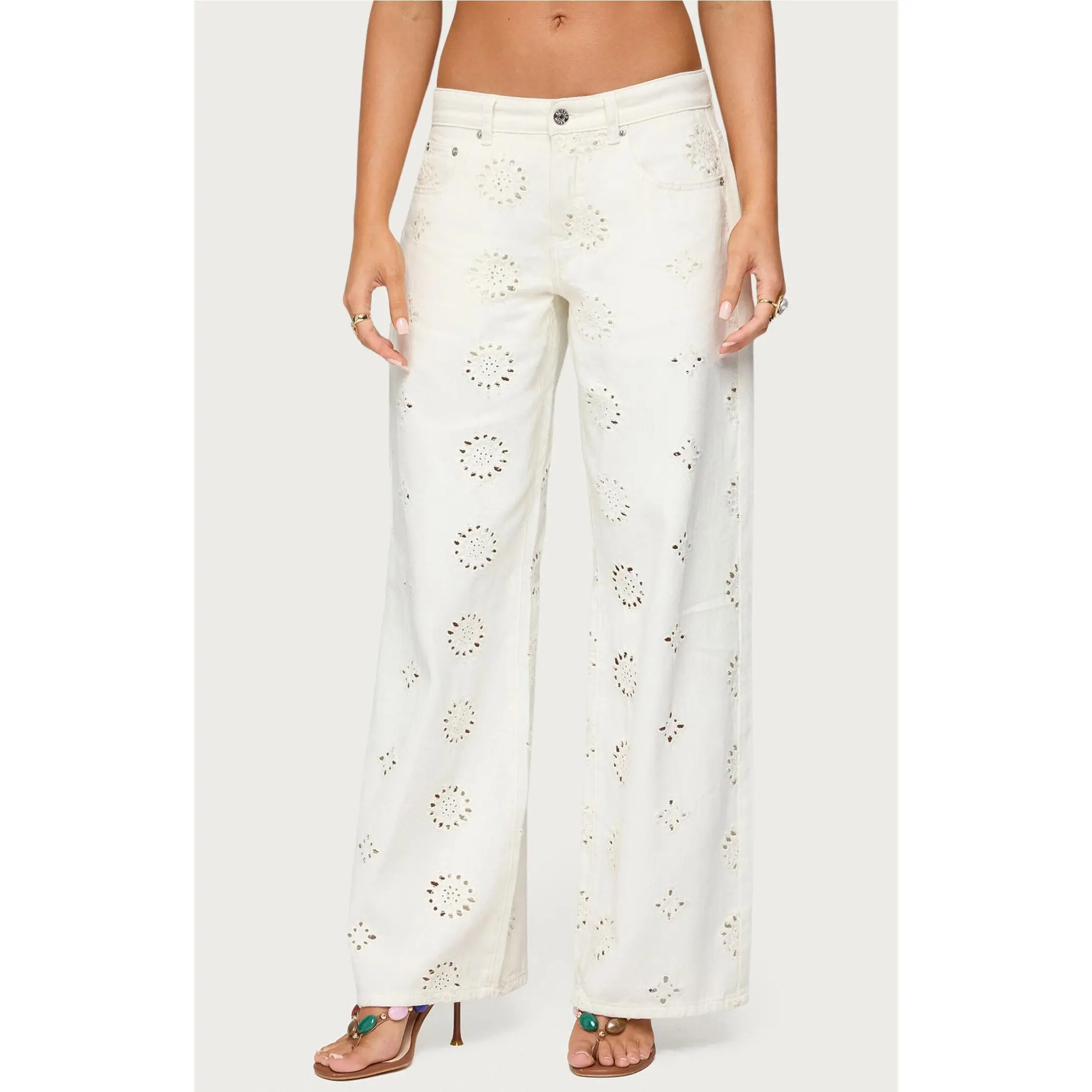 Edikted Women's Eyelet Low Rise Wide Leg Jeans