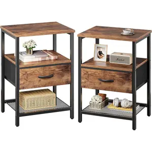 Nightstand Set of 2, Night Stand with Fabric Drawer, Mesh Shelf, Side Table with Storage, Fabric Drawer Dresser, Open Shelf, Metal Frame, Bedroom, Rustic Brown