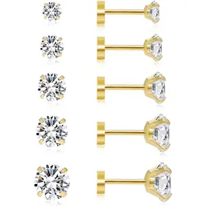 Dainty 6 Pairs Surgical Steel Earrings Sets for Multiple Piercing, Lightweight 14K Gold Plated Small Huggie Hoop Earrings, Flat Back Tiny Ball CZ Stud Earrings for Cartilage, Helix, Lobe, Hypoallergenic