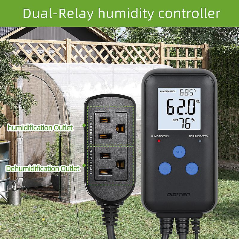 DIGITEN Humidity Controller Pre-Wired Digital Humidistat with Temperature Display, Dual-Stage Outlet Humidifier /Dehumidifier for Mushroom,Reptile, Greenhouse, Fan, Grow Tent