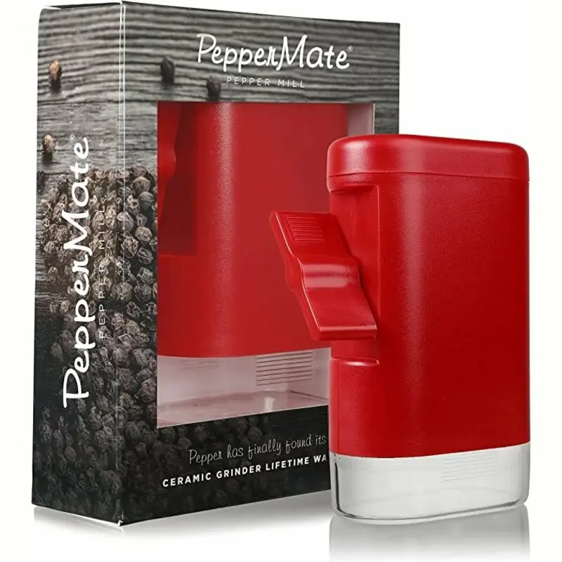 The famous & best Pepper Grinder with lifetime warranty. The PepperMate Manual Pepper Mill Red Ceramic Grinder for pepper, salt and seasonings.