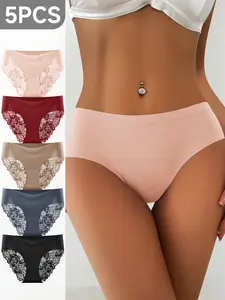 QUASTI 5 Pcs High Waisted lingerie Briefs For Girls, Exquisite Lace Design High Elasticity Material Fit The Body Curve, Cotton Crotch panty Comfortable & Breathable Back To School Gifts